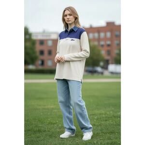 1990's- Y2K Vintage long sleeve color block rugby polo shirt with denim collar